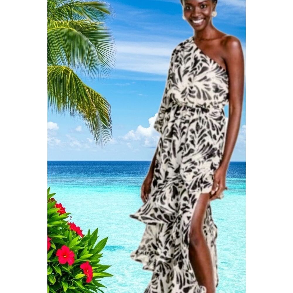 Alexis NWT Cream & Black Botanical Dress | Flowing Asymmetrical Luxe Size Small